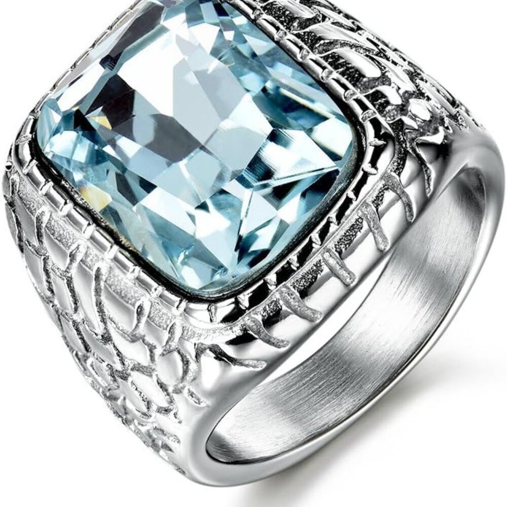Anti Allergy 316L Stainless Steel Ring Man Synthetic Aquamarine Crystal Engageme